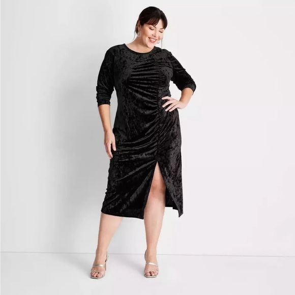 Future Collective Women’s L Black Velvet Ruched Open Back A-line Dress - Picture 4 of 9